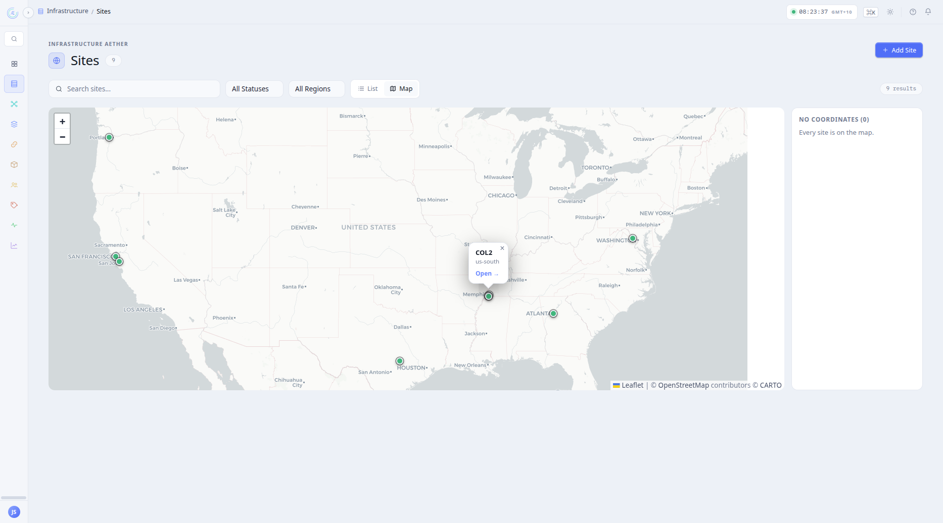 Sites plotted on the world map by their coordinates